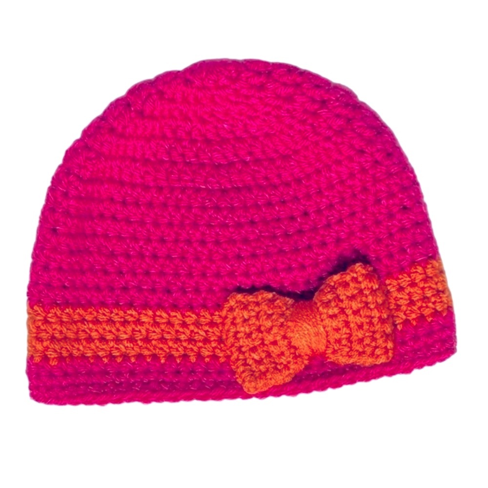 ✅ 5 for $25 - New Crocheted Hat, Pink With Orange Bow, Toddler Fit